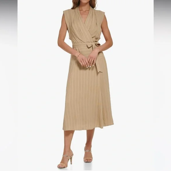 chinese dress ladies DKNY Womens Linen Tie Waist Fit and Flare Dress Shirt, Natural Multi, 8 US  at Amazon Women's Clothing store